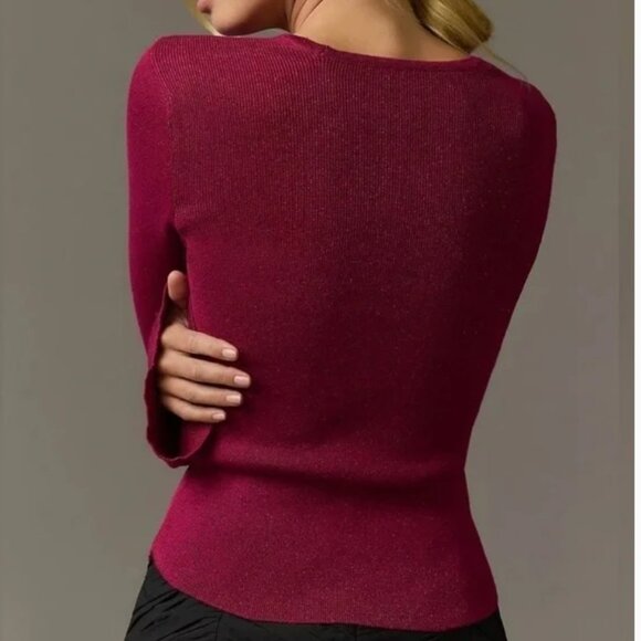 Maeve by Anthropologie Square Neck Bell Sleeve Sweater Raspberry Sparkle XL - Picture 6 of 13